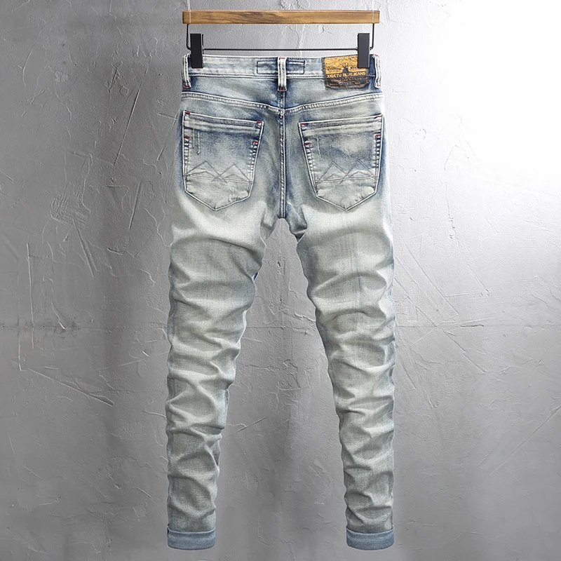 Street Fashion Men Jeans Retro Light Blue Stretch Slim Fit Hole Patched Ripped Jeans Men Embroidery Designer Vintage Denim Pants