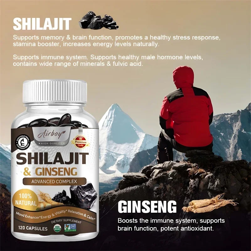 كبسولات Shilajit & Ginseng - توفر الطاقة والتحمل، وتعزز الدماغ والذاكرة ودعم المناعة