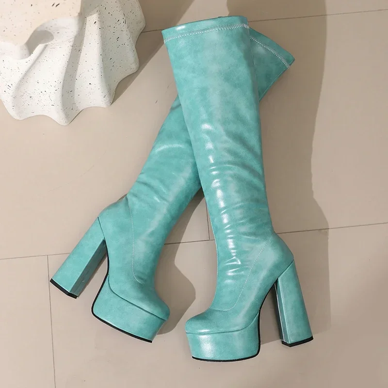 Sexy Aqua Blue Nude Color Round Toe Block High Heels Women's Shoes Winter Fall Knee-high Platform Stretch Boots Big Size 45 46