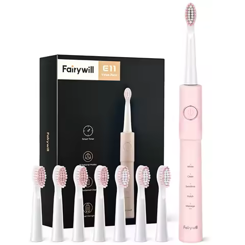 Fairywill Sonic Electric Toothbrush E11 Waterproof USB Charge Rechargeable Electric Toothbrush 8 Brush Replacement Heads Adult