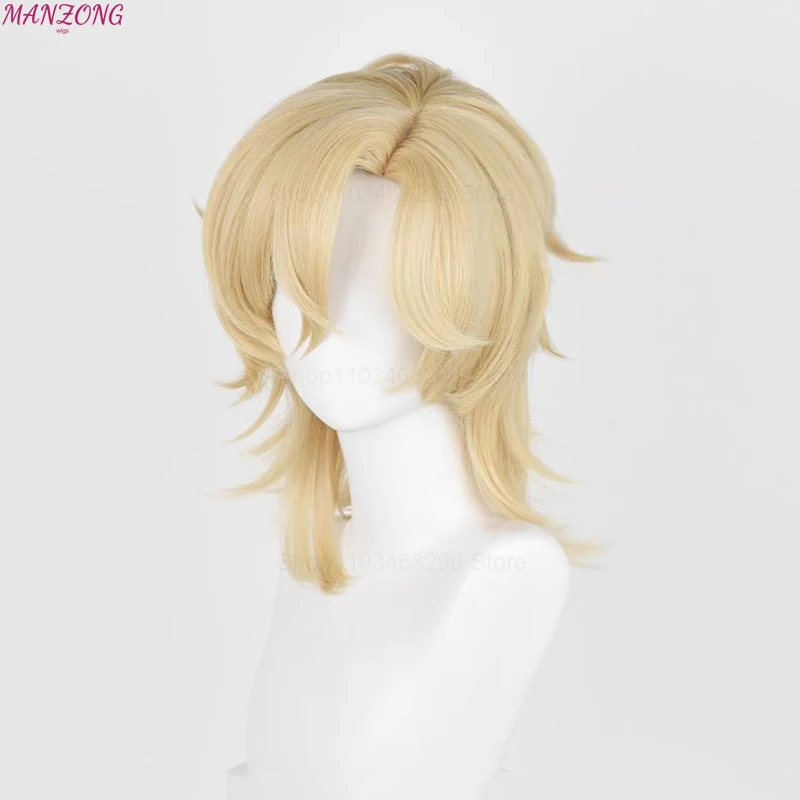 HSR Aventurine Wig Cosplay 40cm, Wig sintetis tahan panas rambut emas terang + topi Wig