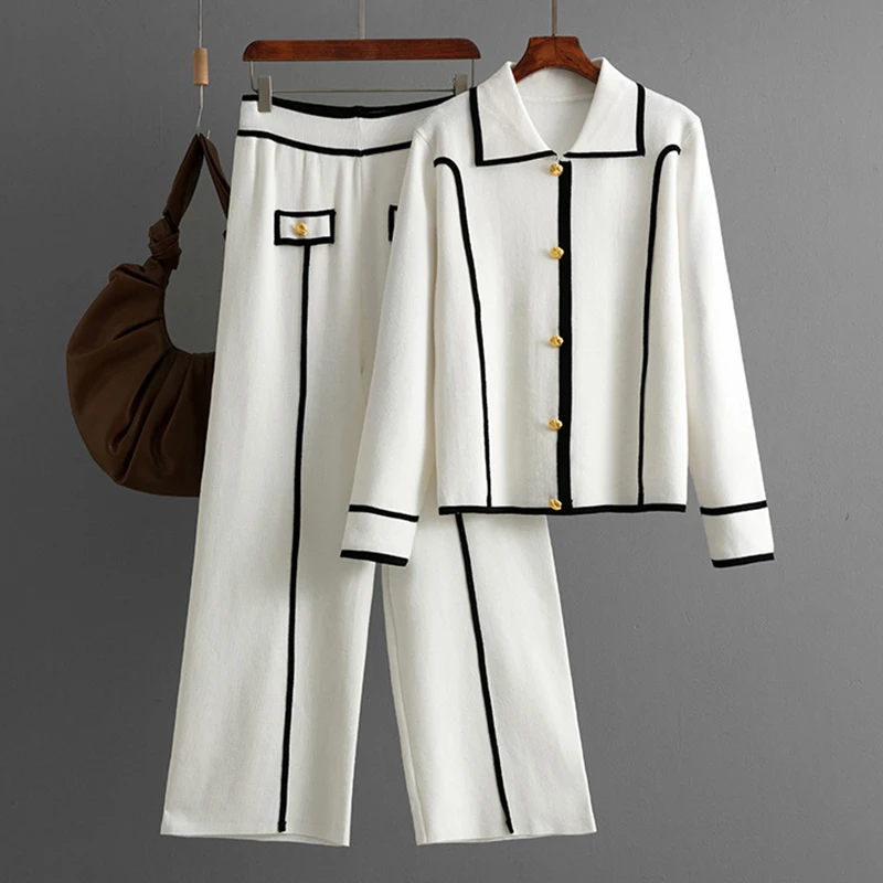 

Autumn and Winter New Knitted Fashion Set Women's European and American Sweater Wide Leg Pants Two Piece Set