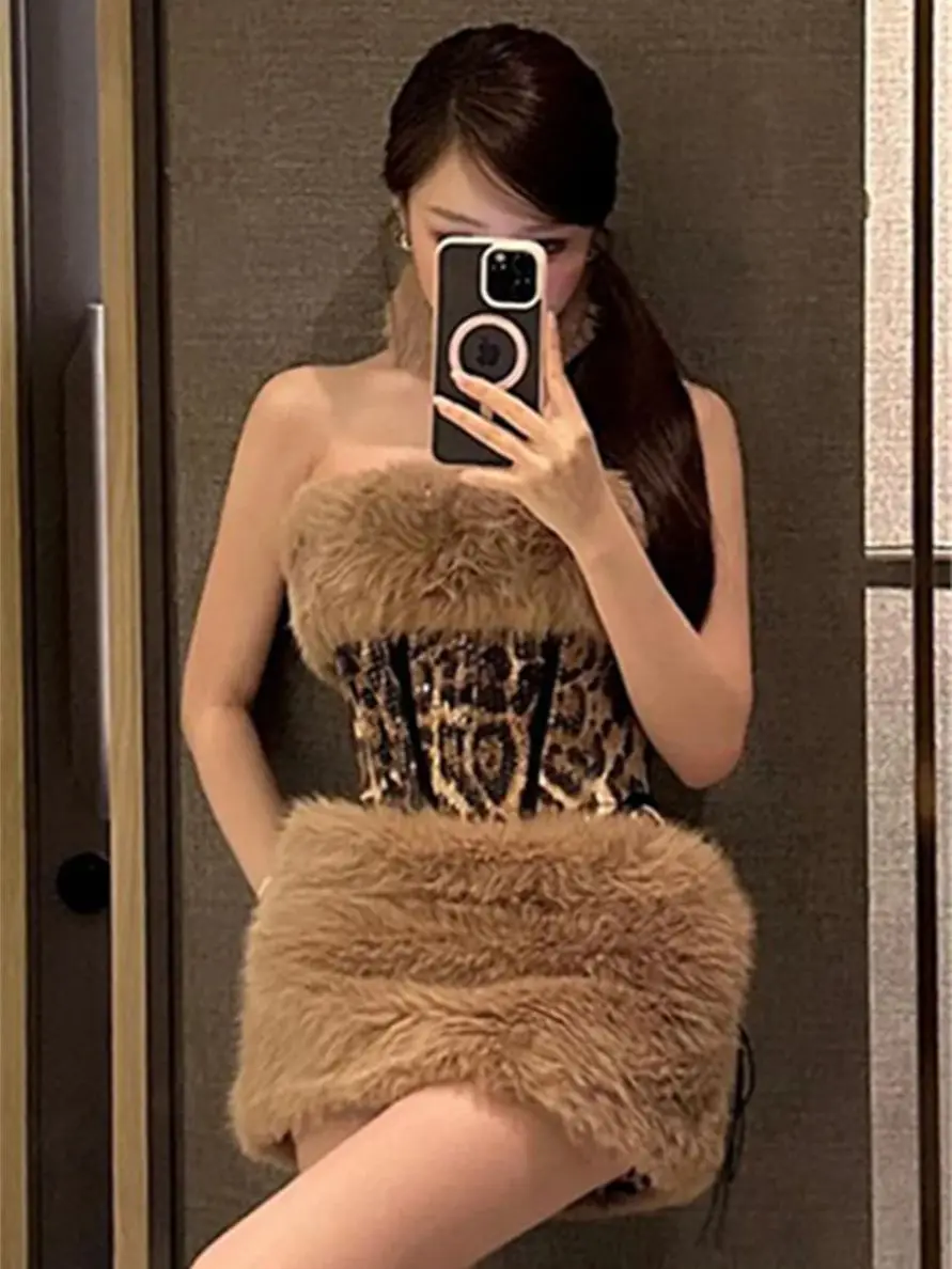 Cutenew Sexy Pelzigen Patchwork 2-teiliges Set Frauen Wilden Kokette Leopard Pailletten Weste + Bandagen Rock Mode Dünne Party Clubwear