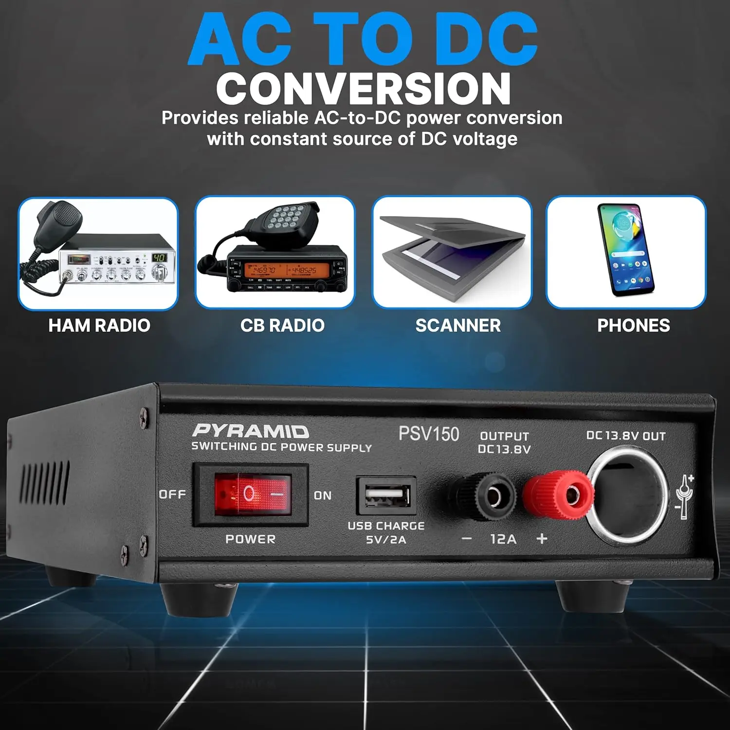 مصدر طاقة عالمي 12 أمبير - محول تيار مستمر متغير مع USB ولاعة سجائر، تيار متردد 115/230 فولت، طرف لولبي، مروحة تبريد -