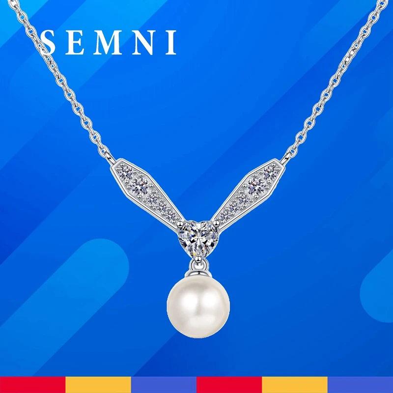SEMNI 0.77CT Moissanite Diamond and 8mm Pearl Flying Wings Pendant Necklace for Women 925 Sterling Silver Fine Amazing Gift