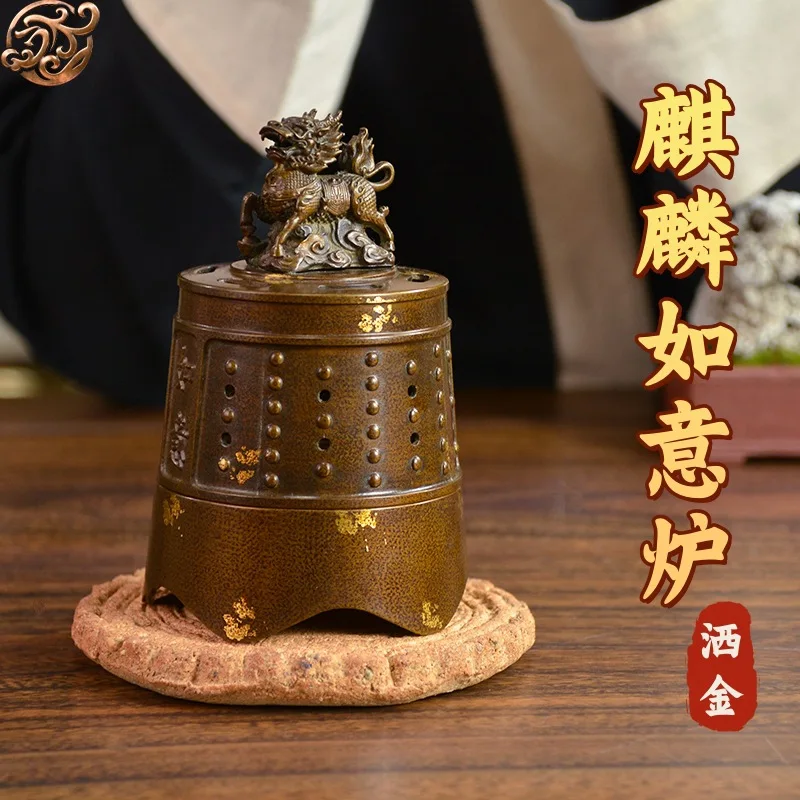 Gold-sprinkled, patinated Qilin offering auspicious blessings, a copper incense burner for office or tea room decoration