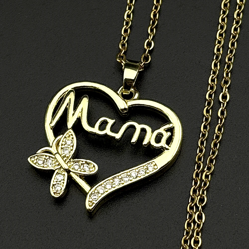 Mama Schmetterling Herz Halskette Edelstahl Goldfarben Kristall Mutter Anhänger Muttertag Schmuck Funkelnder Liebes-Charm Geschenk – Detail 4