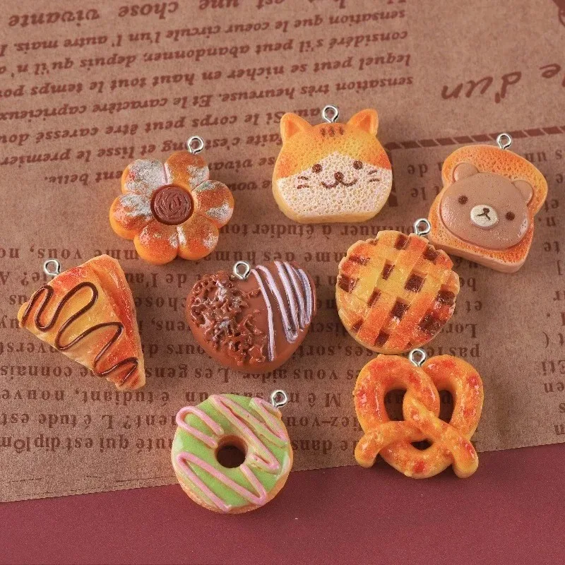 10 Pieces Cute Fake Food Resin Pendants Toast Donut Bread Cake Charms Cat Bear Design Findings For Handmade Keychain Jewelry