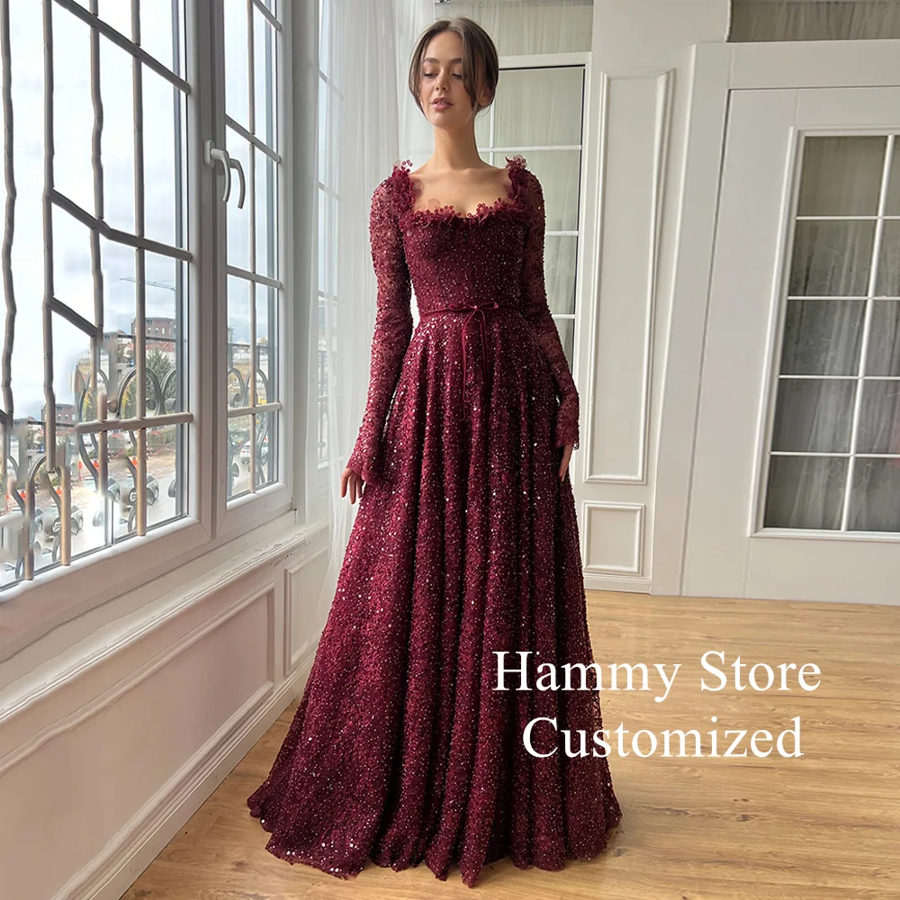 Woman Evening Dress Customized Square Neck Long Sleeves Beading Sequined Velour Belt A Line Sweep Train Prom Party Gown