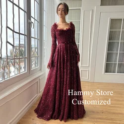 Woman Evening Dress Customized Square Neck Long Sleeves Beading Sequined Velour Belt A Line Sweep Train Prom Party Gown