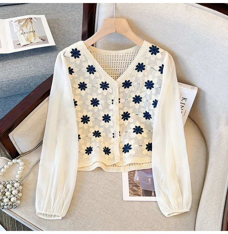 Women Crochet Top Boho Chiffon Sleeve Button Front Open-knit Blouse Fairycore Cottagecore Spring Summer Beach Wear