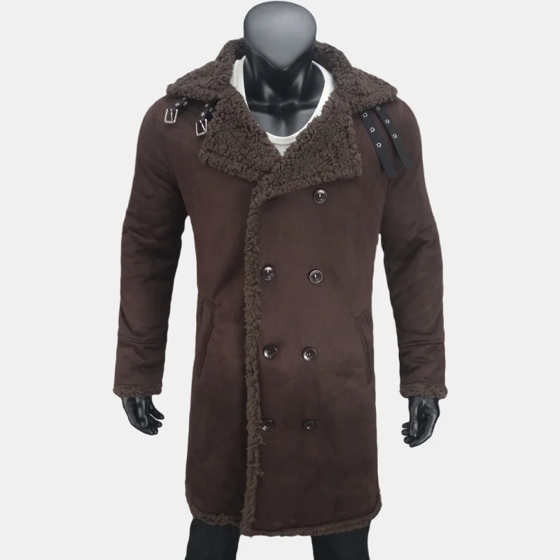 Winter Men's Long Trench Fleece Coat Suede Faux Fur Coats Men Double Breasted Clothing Male Warmth Cold Protection Jacket S-5XL