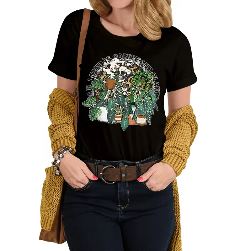 Skeleton Plant Lover T-shirt Female All I Need Is Coffee and Plants Graphic T Shirts Women Skull Leopard Plant Essential T-shirt