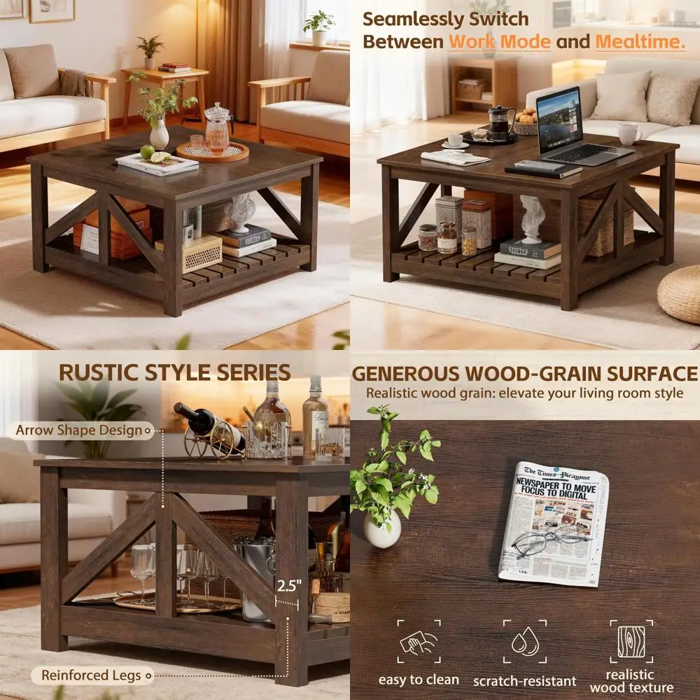 

Modern Farmhouse Style Dual Compartment Coffee Table, Wood Cocktail Table for Living Room and Office Lounge