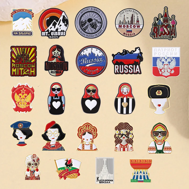 Russia'S Geography And Humanities Enamel Pins Mount Elbrus Kazan Russian Nesting Doll Brooches Lapel Badges Jewelry Wholesale