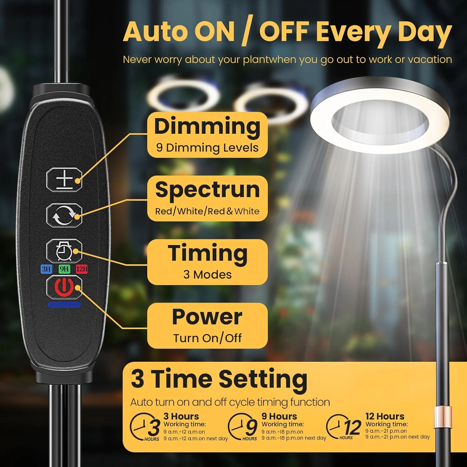 ضوء النبات للنباتات الداخلية تزايد الطيف الكامل مكتب تنمو مصباح مع الركيزة مؤقت تلقائي لمستويات 3H/9H/12H 10 عكس الضوء