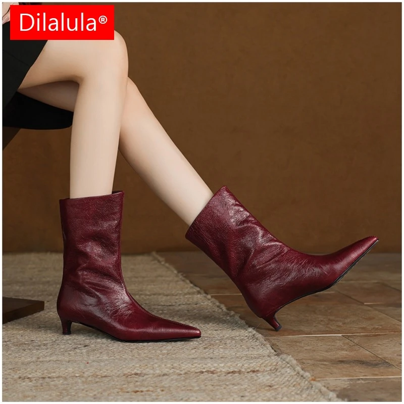 Dilalula 2026, gran oferta, botas de cuero genuino a media pantorrilla para mujer, color rojo vino, tacones medios de gatito, botas de calle sin cordones para mujer, Otoño Invierno