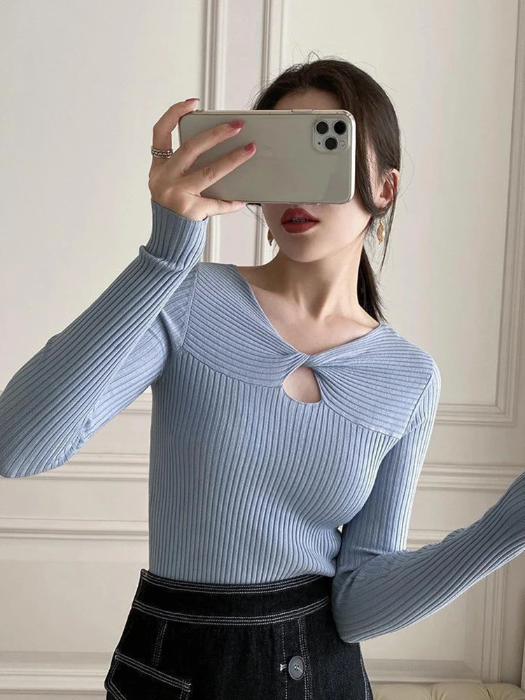 Twist Hollow-out Sweater Women Jumpers Solid Autumn Winter Soft Warm Woman Sweater Knitted Basic Slim Pullovers V-neck Tops