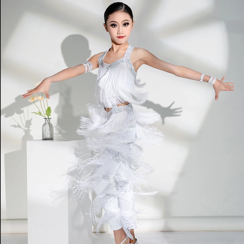 Full Drill Fringed Latin Dance Clothes Girls Latin Dance Fringed Top Pants Kids Samba Latin Dance Competition Costume SL9460