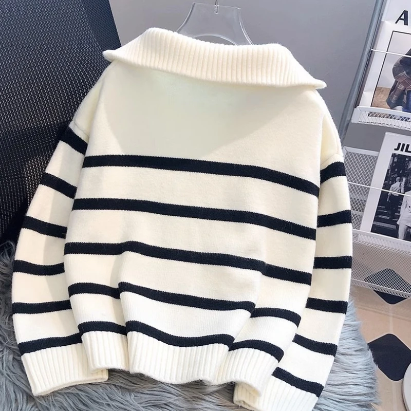 Autunno Inverno Cerniera Risvolto Maglione a righe larghe Moda Nuove donne Top a maniche lunghe Camicia pullover da ufficio in maglieria casual retrò
