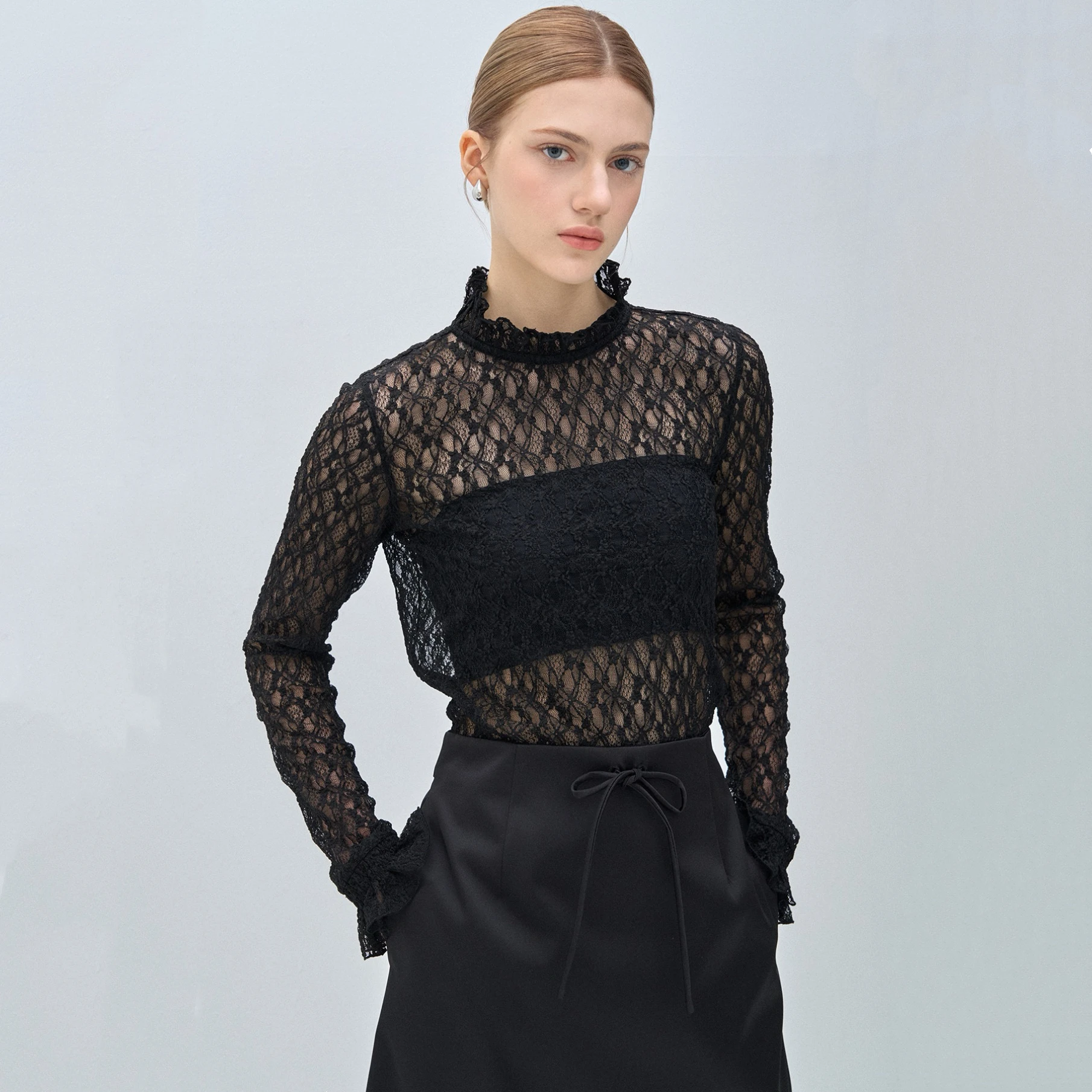 

Ele Heavy Embroidery Lace Texture Pleated Base irt Lemon Cheese M*NE 25 Autumn Women's Slim Fit Cotton Long Sve irt