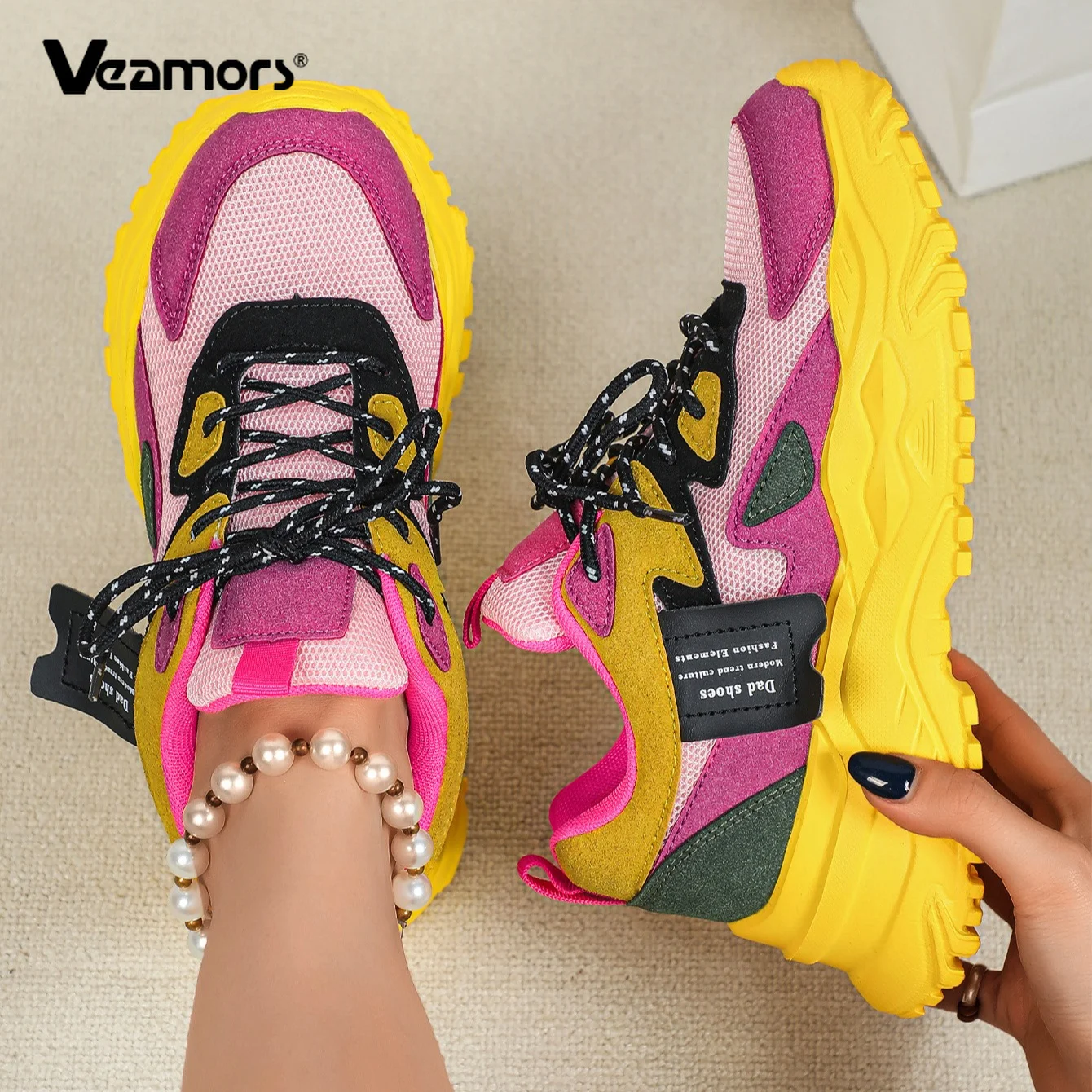 Women Mesh Breathable Chunky Sneakers Men's Fashion Platform Sports Shoes Patchwork Trendy Casual Trainers for Walking Jogging