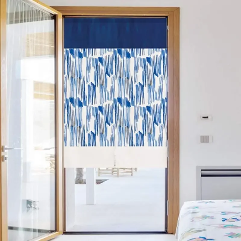 VIKAMA Blue Watercolor Geometric Japanese Half Door Curtain Partition Curtain Tea Room, Bedroom Partition Curtain Home Decor