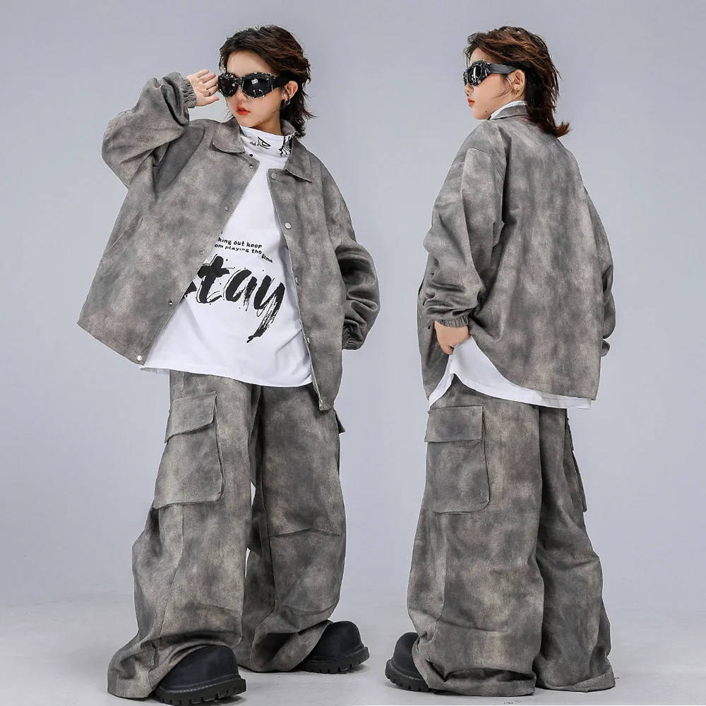 Children Boy Girl Streetwear Hip Hop Loose Casual Cargo Jacket Pant Sets Kids Coat Trousers Suits Costume Dancer Clothes Costume