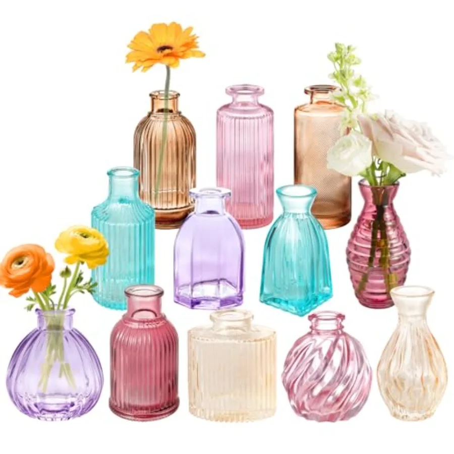 

12PCS Mixed Colored Bud Vases Small Glass Vases for Flowers Colorful Vintage Flower Vase for Centerpieces Aesthetic Glass Bottl