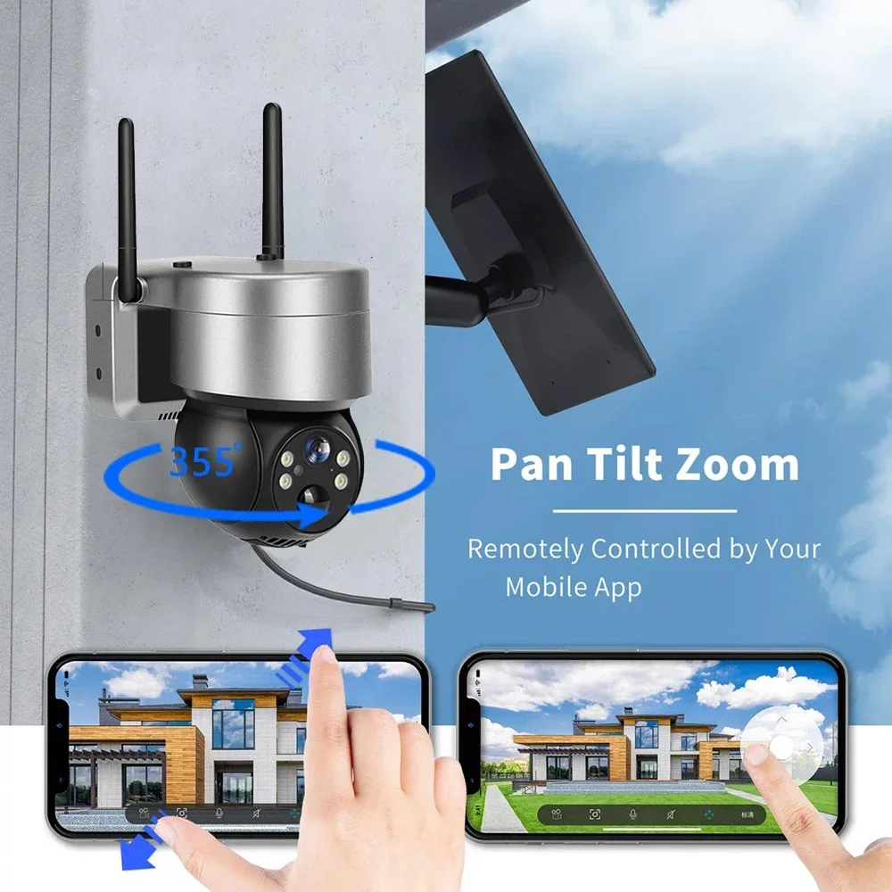 كاميرا تعمل بالطاقة الشمسية 4G Sim خارجية بعدسة مزدوجة WiFi 5MP IP Camara CCTV Security المدمج في بطارية PIR Cam مع لوحة طاقة شمسية Camhi Pro