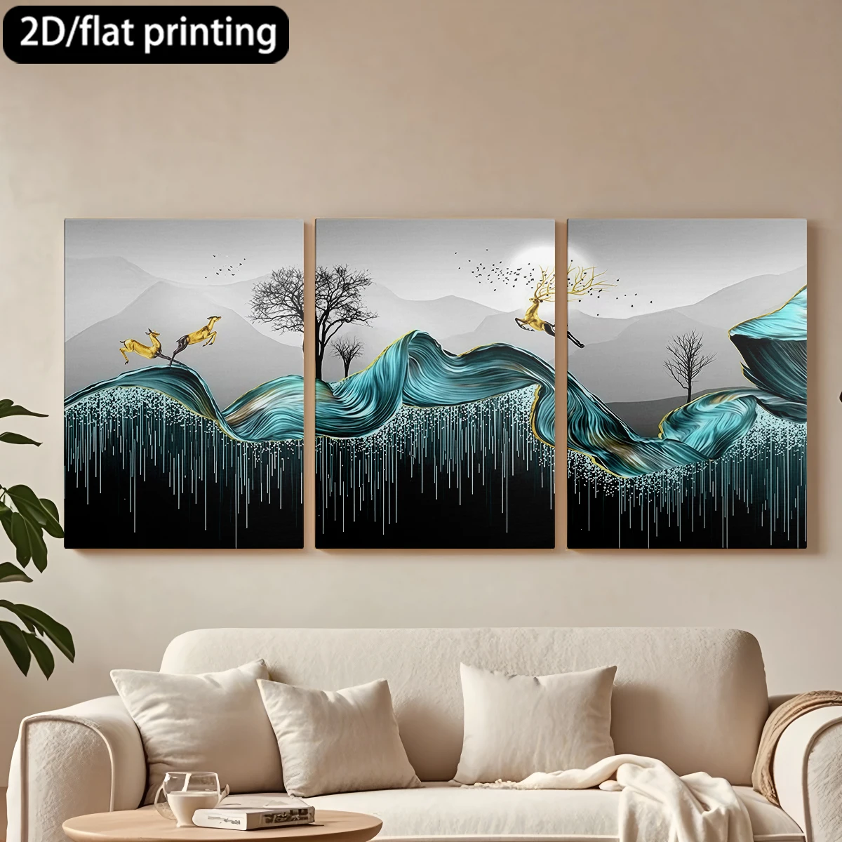 

Three-panel decorative canvas paintingAbstract landscape, golden deer, wavy forms.