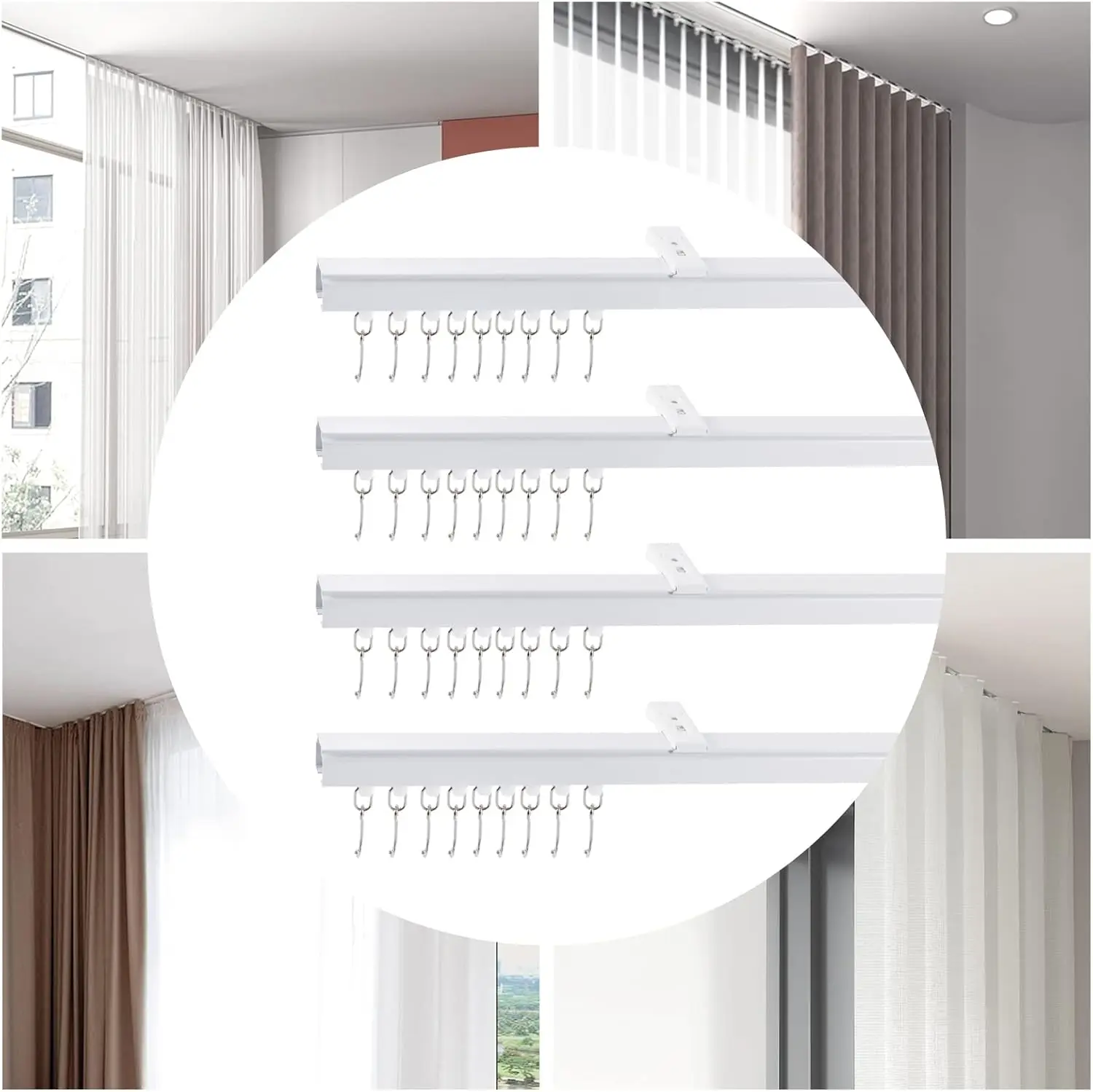 Curtain Track Kit With Hooks, Ceiling Mount Curtain Track Kit With Hooks, Wide Scalable for Space (White, 9-12ft)