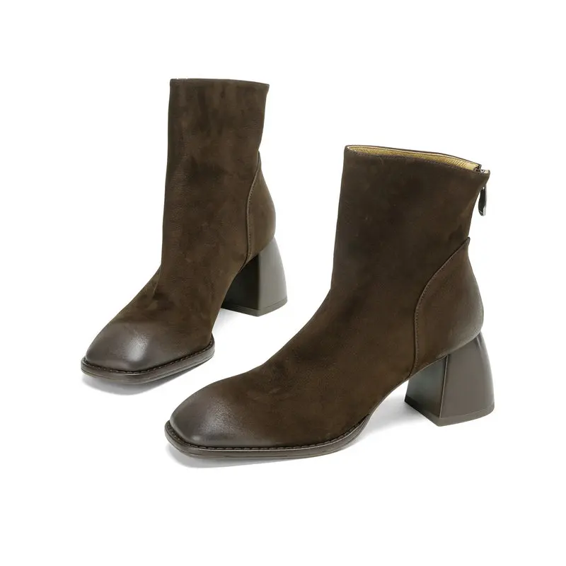 

2025 Autumn/Winter Women Boots 100% Genuine Leather Ankle-high Thick-soled Modern Boots Square-toe Shoes