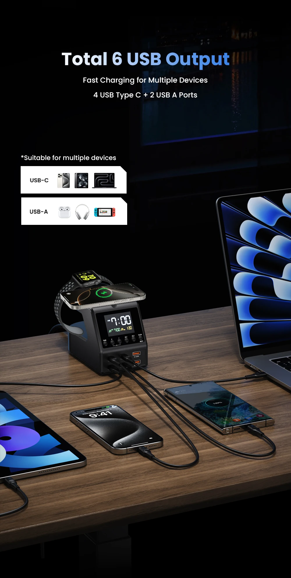 240W GaN Charger Station 4×140W PD3.1 USB Type C Wireless Fast Charger for MacBook iPad Samsung Alarm Clock Time Display