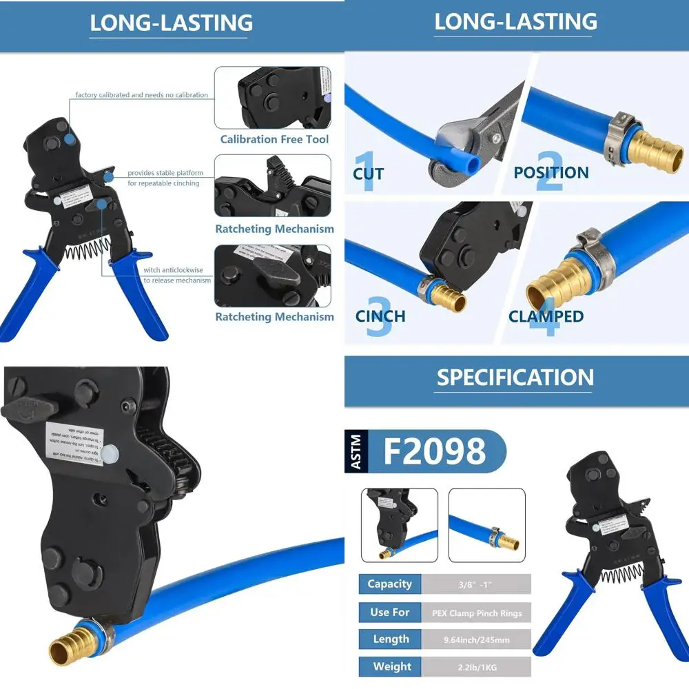 

PEX Ratchet Cinch Clamp Tool for Stainless Steel Clamp Rings, One-Hand Ratchet Design Crimper Tool from 3/8", 1/2", 3/4", 5/8" a