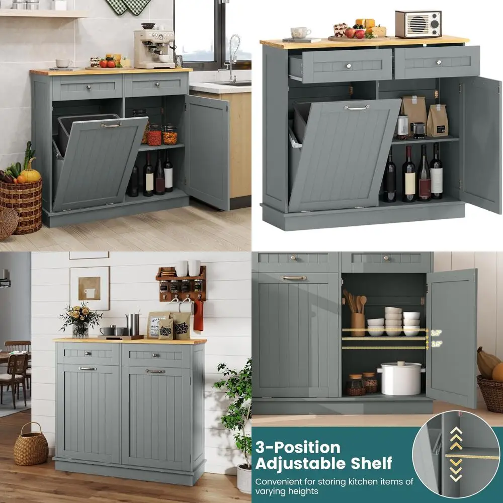 

Adjustable Shelving Sideboard with Pet Proof Recycling Bin and Grey Laundry Hamper for Dining Area