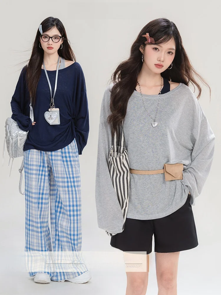 

Loveheynew ey Loose Long Sve Women's T-irt Summer Commute Sle Two-piece Set Top Casual Comfortable Korean Version