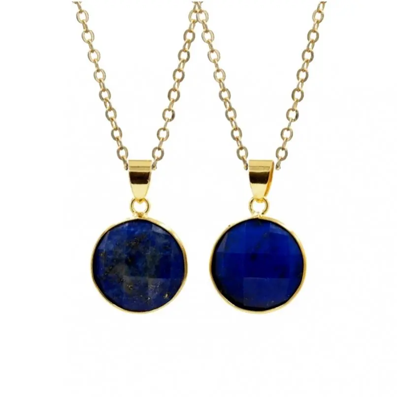 1Pcs Gold Color Necklace Coin Shape Round Circle Edge Bezel Setting Copper Lapis Lazuli  18+2inch Jewelry