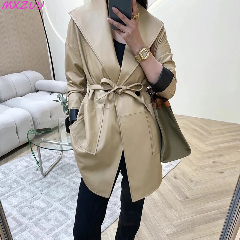 

Leather Coat Women Soft Sheepskin Triangle Collar Windbreaker With Belt Female Slim Thin Mid Length Jacket Mujer Beige Long Saco