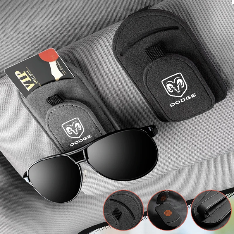 Visera magnética de cuero con logotipo de coche, soporte para gafas de sol, Clip para tarjeta de billete para Dodge SXT Journey Charger DART Challenger Avengr RAM 1500
