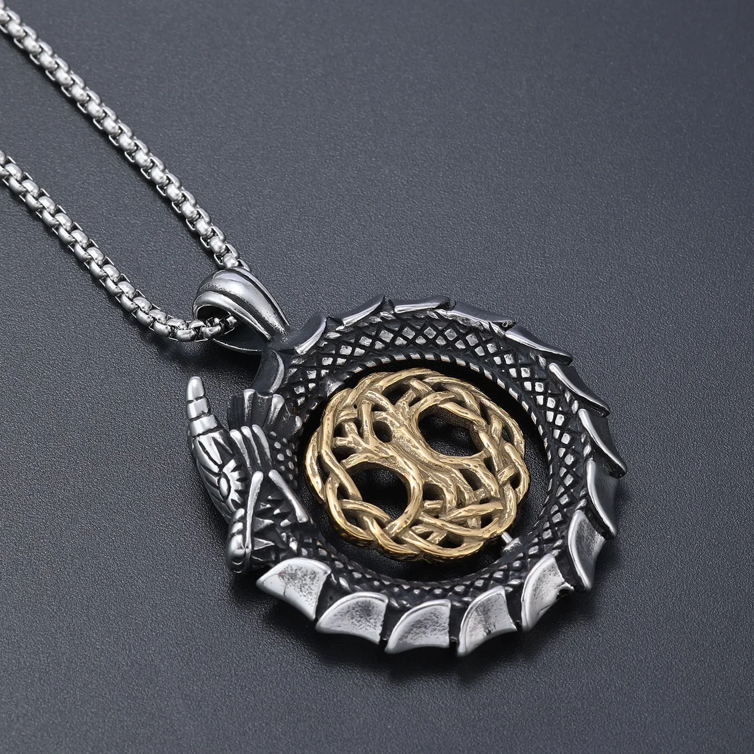 CHUANGCHENG Viking Stainless Steel Rotation Viking Dragon Tree of Life Pendant Men's Necklace Chains Jewelry Accessories