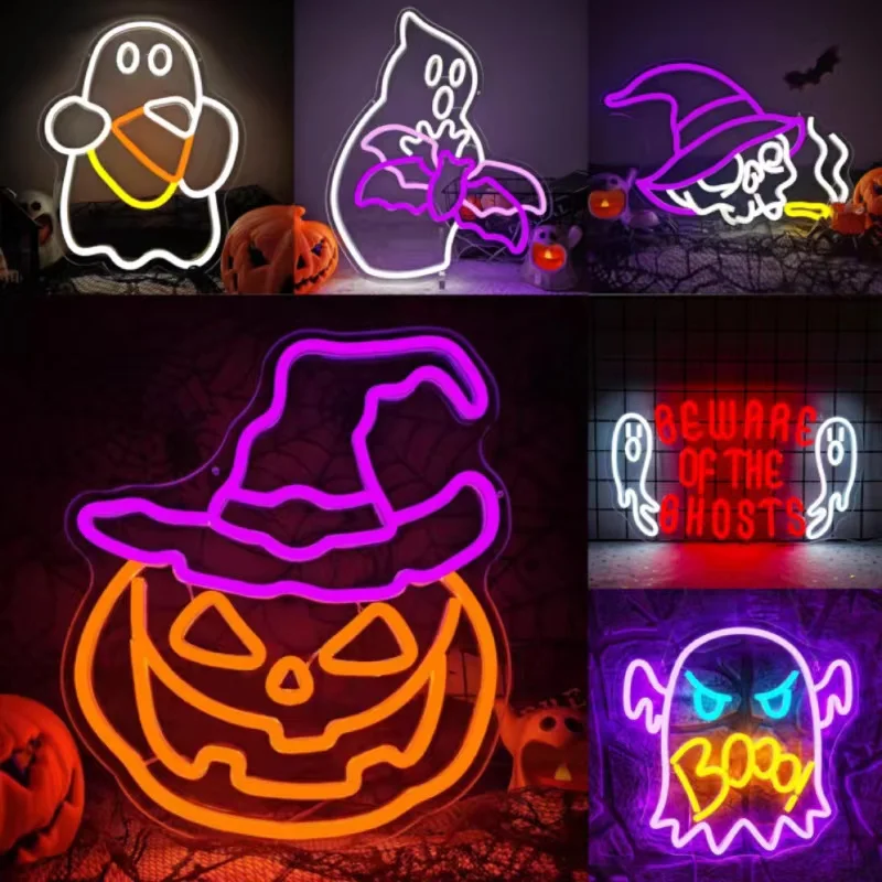 

Halloween Neon Sign Pumpkin Lantern Led Light Up Signs USB Powered Halloween Party Decor Spooky Boo Neon Sign Wall Decor Gift