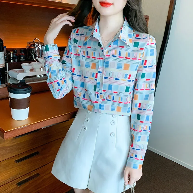 

Women Clothing Chic Printed Loose Chiffon Shirts Spring New Casual All-macth Button Temperament Fashion Long Sleeve Blouse Top