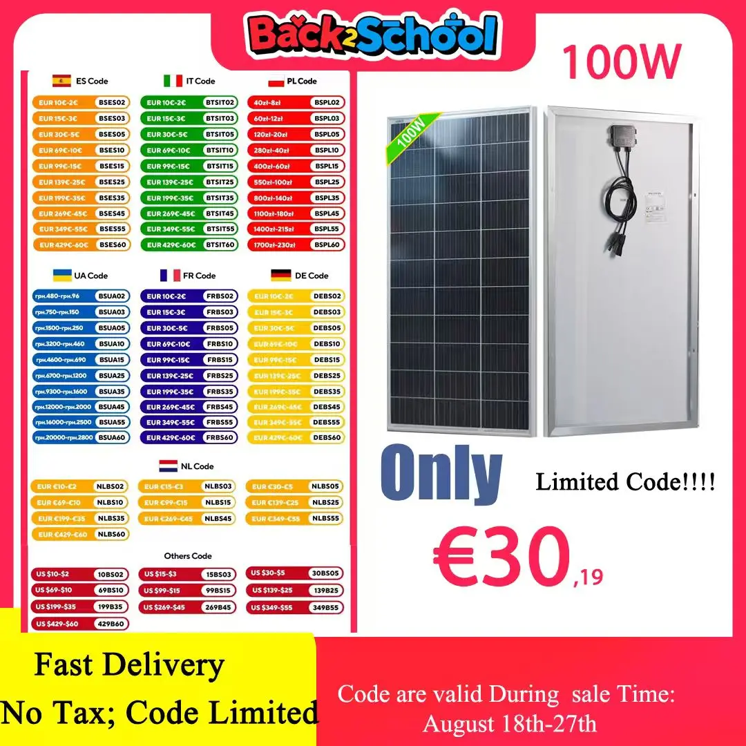 JINGYANG Panel Solar 100W 12V Monocristalino Alta Eficiencia Robusto Ideal para Camper, Carcasa de Jardín, Barco, Hogar, Camping