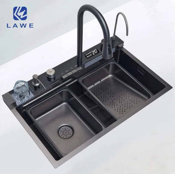 Black-Gray Stainless Steel Waterfall Kitchen Sink Handle Pull Out Sprayer Sink Kitchen Faucet Kitchen Sinks