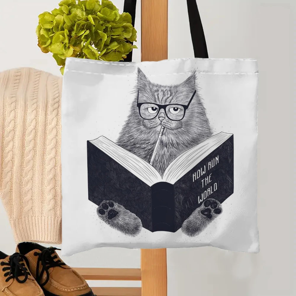 High Capacity Linen Shoulder Bags Woman Shopping Bags Black Cats Cartoon Manga Tote Bag Beach Bag Shopper Bags Handbags 7.10