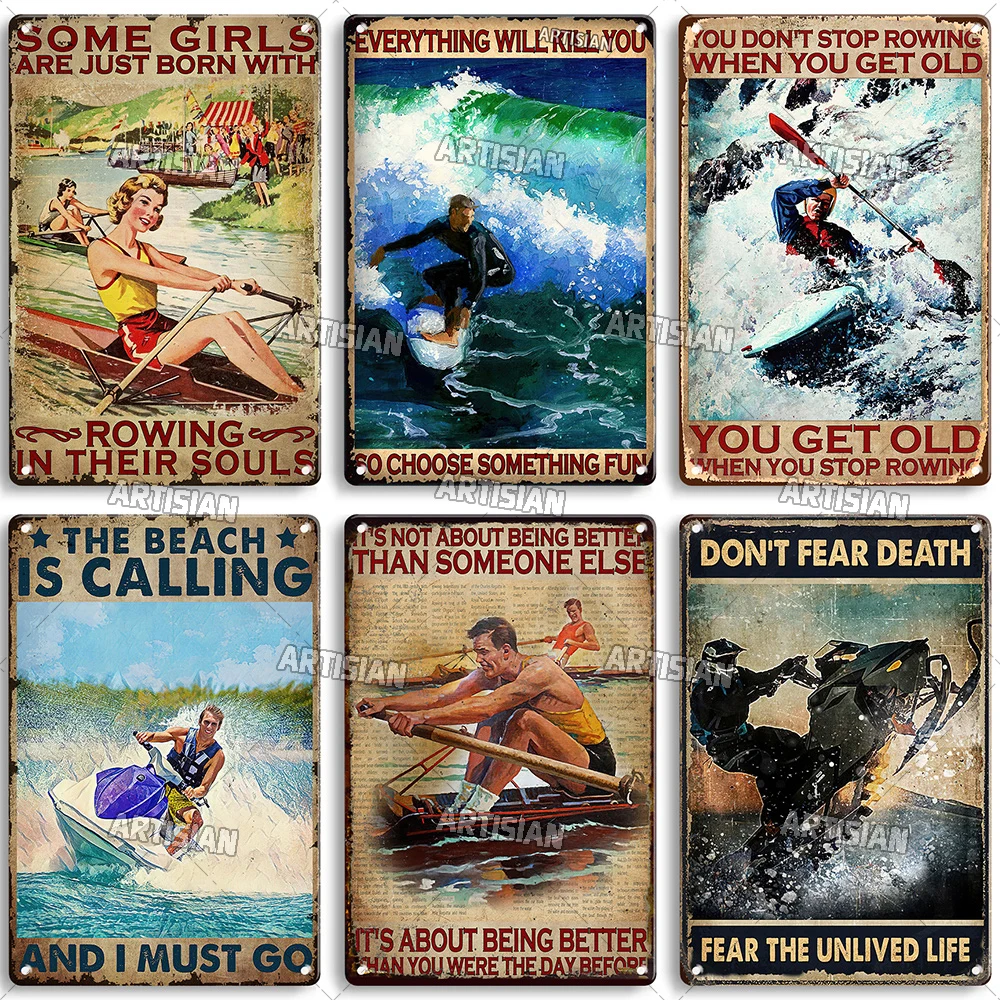 Artisian Rowing Metal Sign Surfing Tin Poster Kayaking Sport Decorative Plate Wall Decor Garage Bar Pub Club Hotel Cafe Kitchen