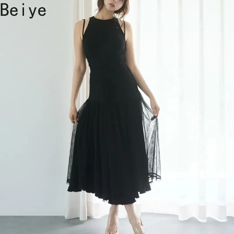 Double Layer Lace Sleeveless Long Dress Ladies Hollowed Out Crossed Lace-up Dresses High Waist Bodycon Dress for Women