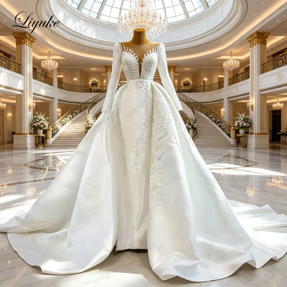 Liyuke Custom Made Exquisite Pearls V-Neck Full Sleeve Mermaid Wedding Dress With Gorgeous Satin Skirt Bridal Gown Lace Up