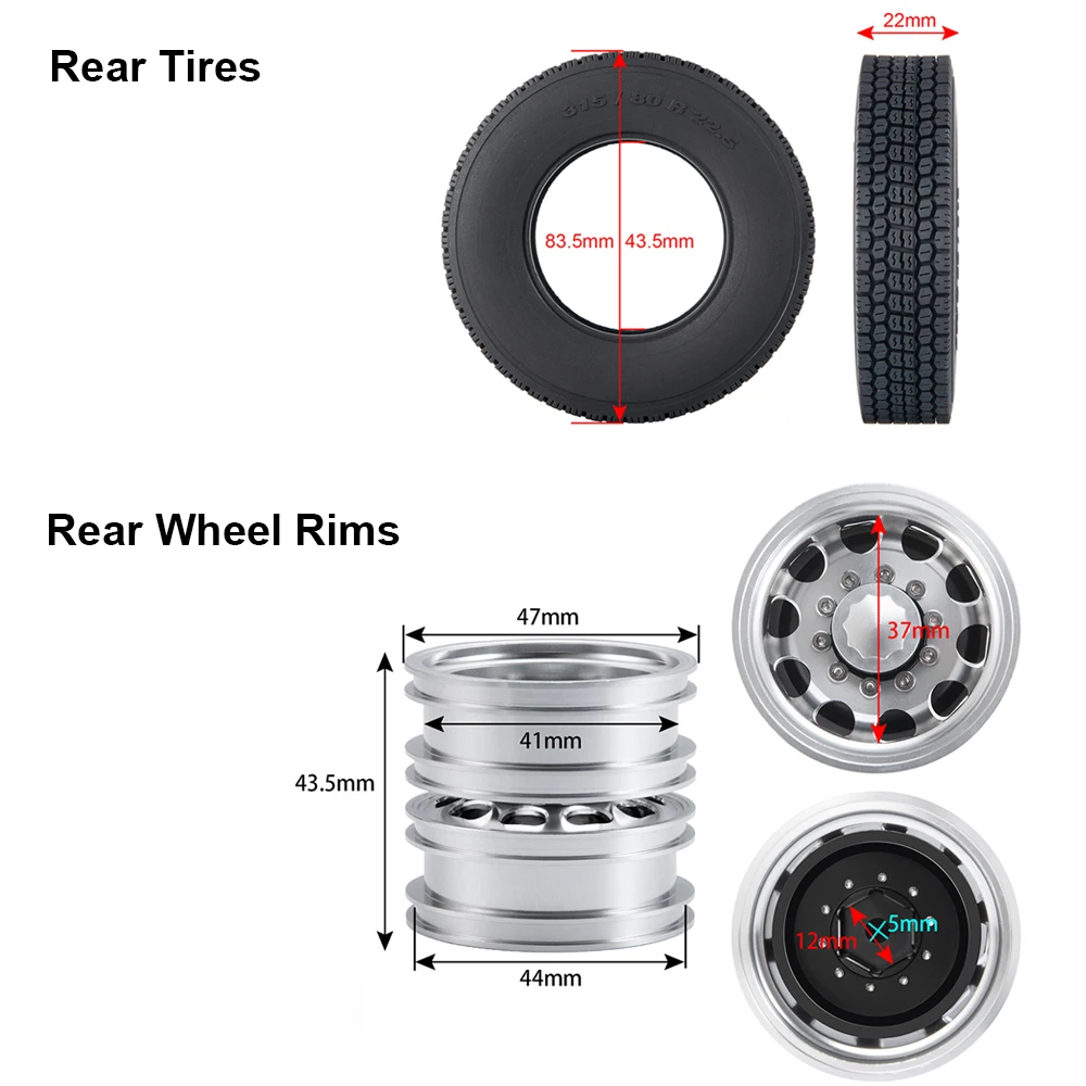 MIBIDAO Front/Rear Rubber Tires Aluminum Wheel Rims For Tamiya 1/14 RC Trailer Tractor Truck Car Upgrade Parts